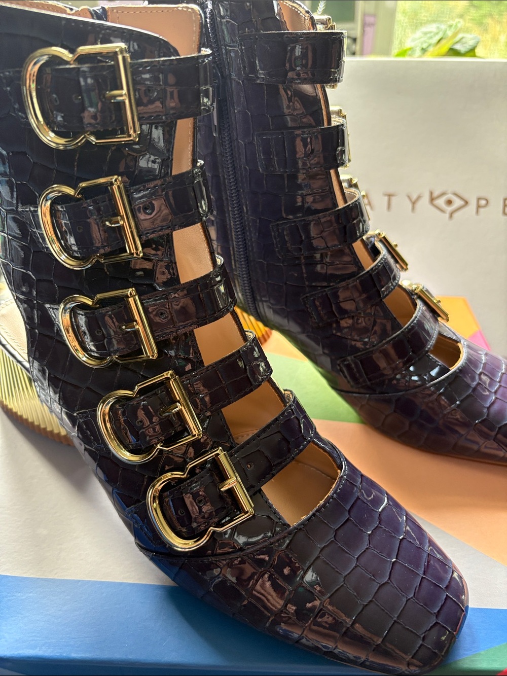 Katy Perry Collections Shiny Purple Croc Buckle Block Heels - Picture 4 of 8